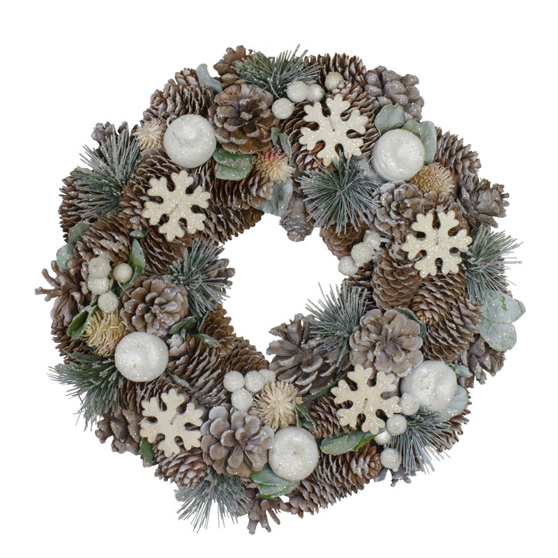 Couronne de Noël artificielle givrée en forme de pomme de pin et baies, H 12,5 po x l 12,5 po x P 4 po
