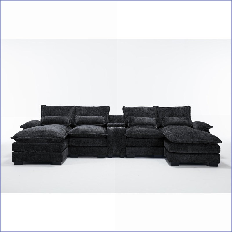 Canapé modulaire moderne à 6 places en U avec console, porte-gobelets, ports USB pour salon | Noir | Bois massif, Noir