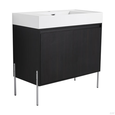 Meuble-lavabo sur pied 36 po avec lavabo en résine, armoire de rangement avec portes à fermeture douce (ensemble KD)