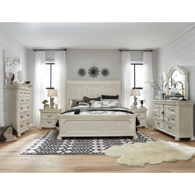 Très grande commode à 2 tiroirs avec miroir de paysage et armoire, 6 pièces : Lit, 2 tables de chevet, commode, miro