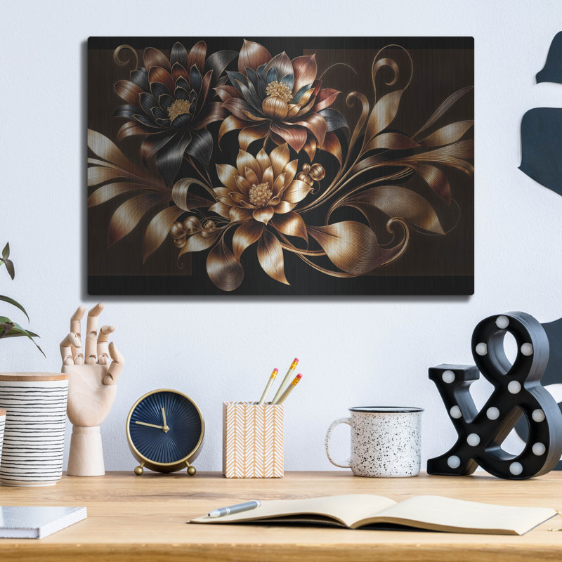 «Gold Flowers» par Rey Klimt, art mural en métal, H 12 po x l 16 po