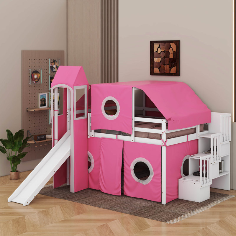 Lit mezzanine double avec tente et tour, Rose