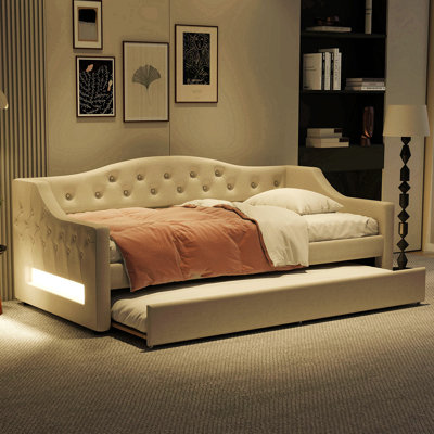 Lit de jour rembourré simple TG avec ceinture et gigogne à DEL, beige