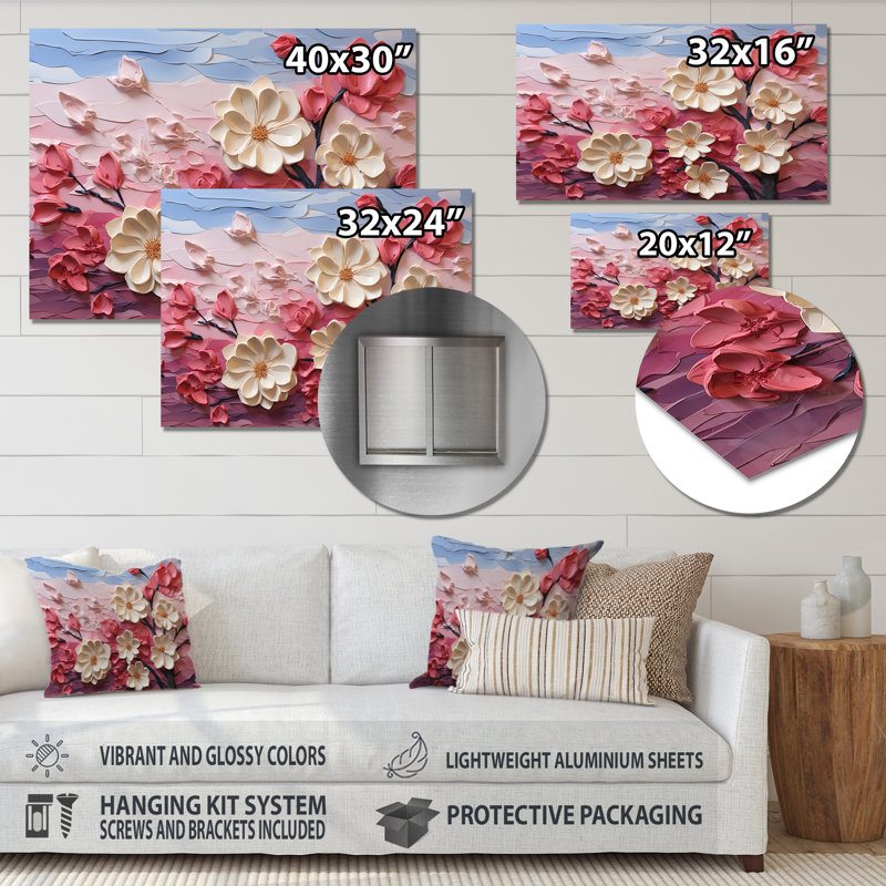Pink And White Orchid Branches Tree III - Abstract Floral Metal Wall Art, 12" H x 20" W x 1" D