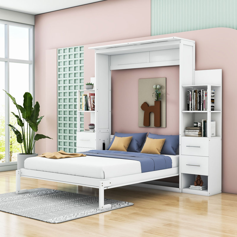 Joean Multi-Function Murphy Bed with Shelves, Drawers, and LED Lights, White, Queen