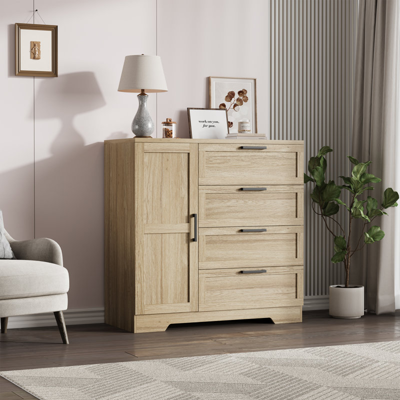 43.3'' Small Wardrobe Closet, Wardrobe Cabinet with Door, 4 Drawers and Handing Rod, Yellow