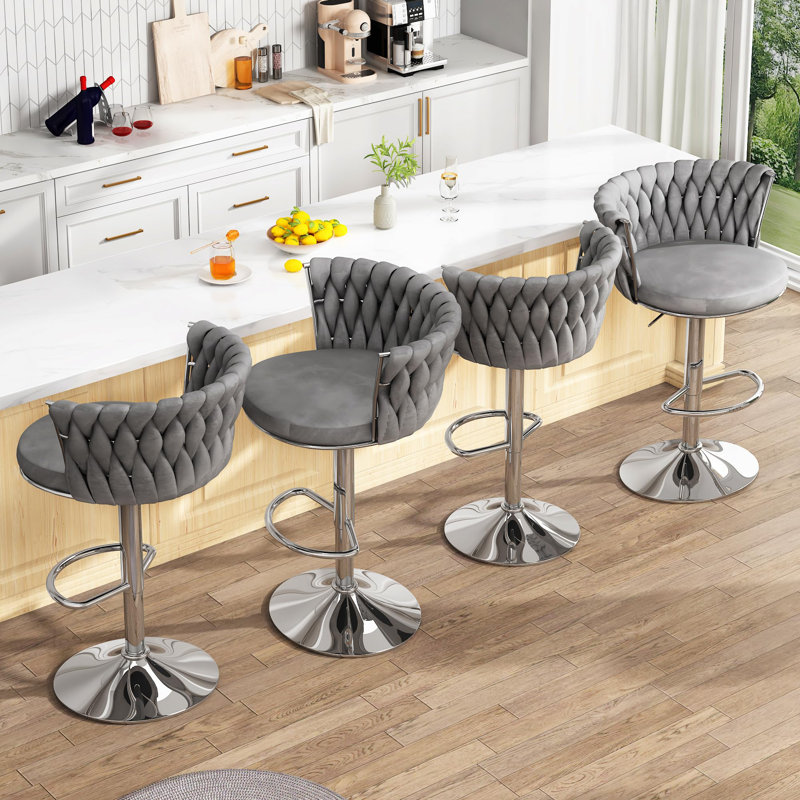 "Luxury Velvet Swivel Bar Stools - Adjustable Height, 360° Rotation & 350 lbs Capacity for Kitchen/Bar, Gray, 2