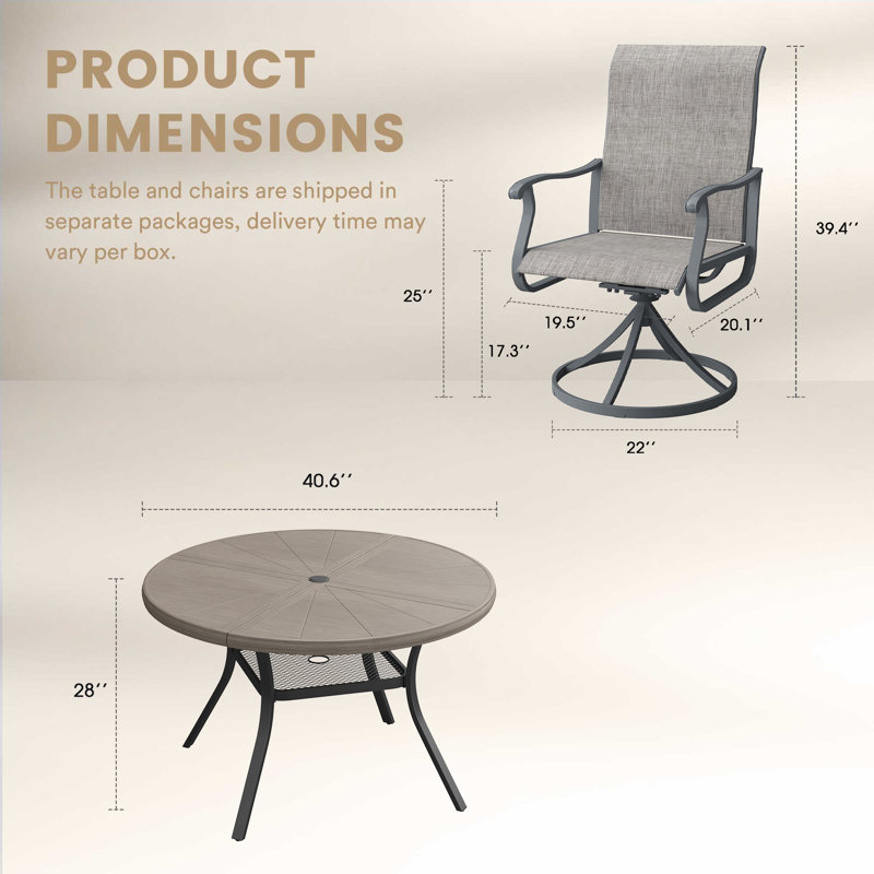 Ensemble repas extérieur pour 4 personnes avec chaises pivotantes, Gris bois / gris
