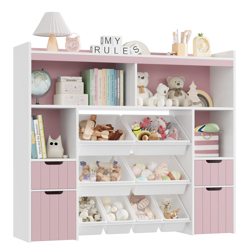 Bibliothèque avec rangement pour jouets, 3 tiroirs amovibles, Rose