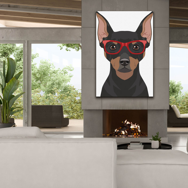 Art mural sur toile miniature Pinscher portant des lunettes de hipster 2 'par Furbaby Affiliates