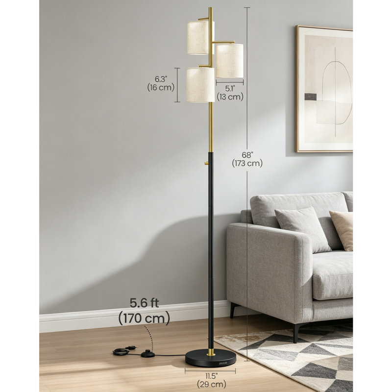 173cm Modern Floor Lamp, 3 E27 Sockets Standing Lamp with Fabric Lampshade, Dimmable Brightness, Gold & Black Finish, Floor Light for Living Room Bedroom