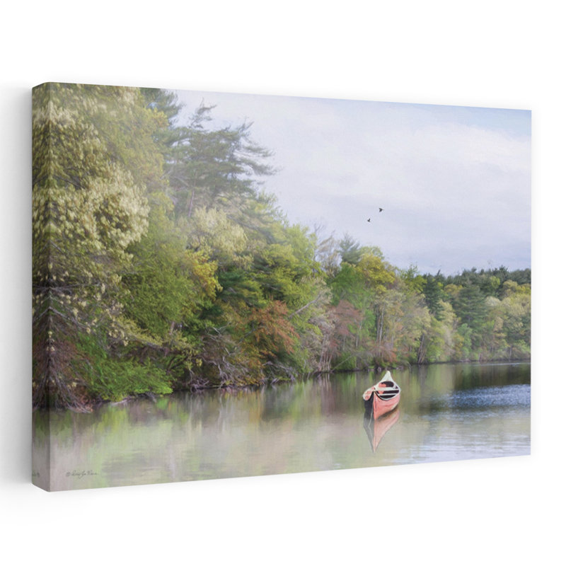 «Weekend Canoe», art contemporain de forêt printanière sur un lac rouge, H 16 po x l 24 po