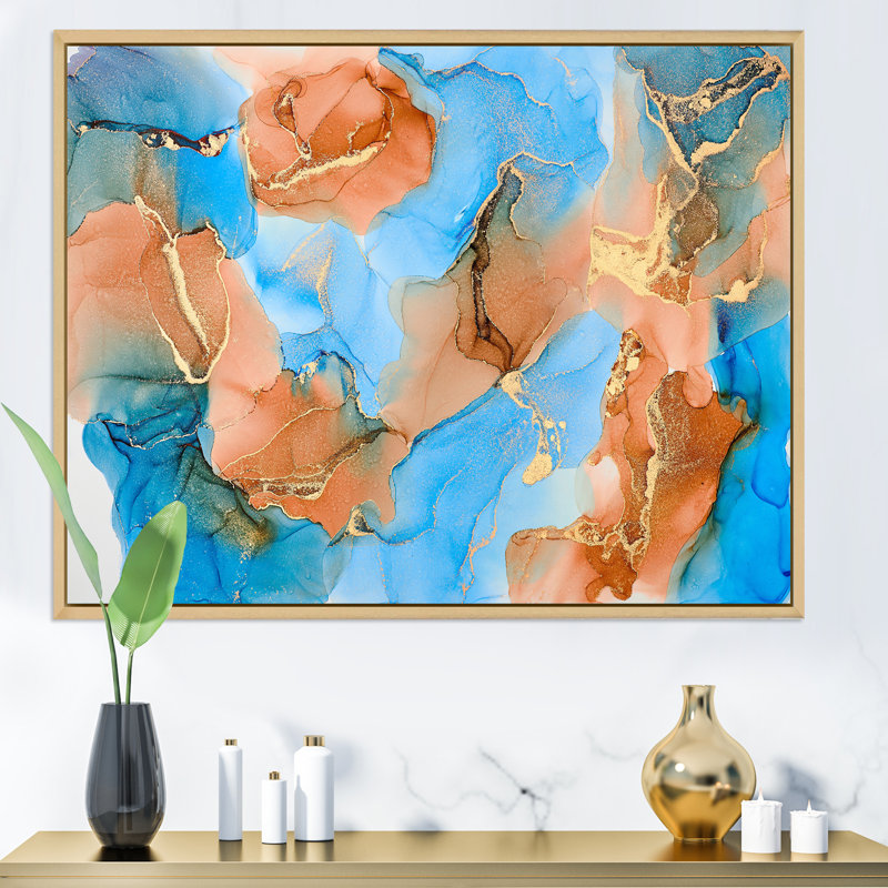 Turquoise et brun, luxe abstrait, fluide VI - peinture sur toile, H 24 po x l 32 po x P 1 po, Cadre flottant érable