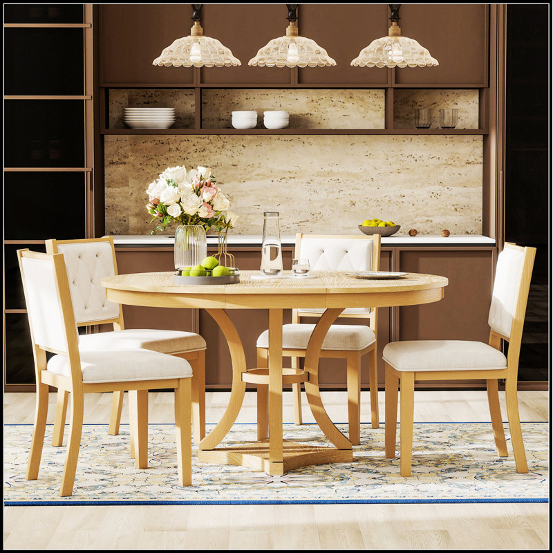 Ensemble de table de salle à manger 5 pièces avec table ronde extensible et 4 chaises rembourrées pour une utilisation polyvalente dans les salles à manger et les salons