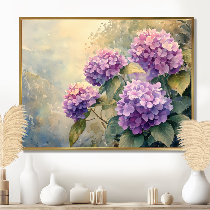 Hortensias dans la brume d'été - art mural hortensias, Impression sur cadre flottant, H 24 po x l 32 po, Doré