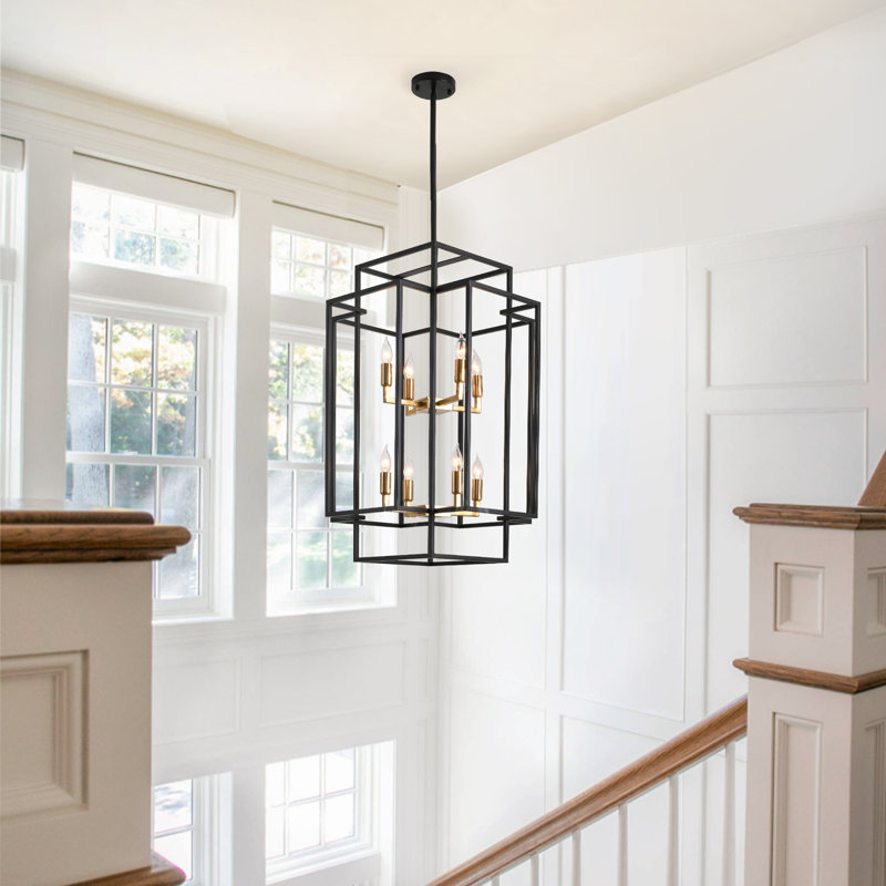 Kandras 8-Light Sloped Ceiling Adaptable Lantern Chandelier, 102" H x 18" W, Black/Gold