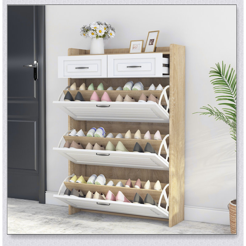 Modern White And Oak Shoe Cabinet With 3 Doors And 2 Drawers, Providing Ample Storage And Elegant Design For Any Home