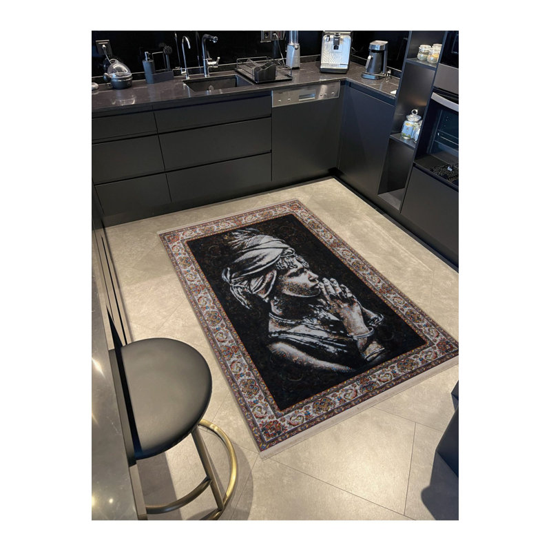 Tapis noir lavable à motif décoratif noir, Sous-tapis rectangulaire de 3 pi 3 po x 4 pi 11 po