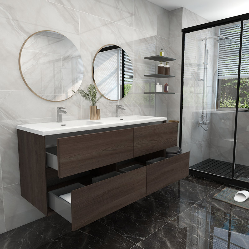 60'' Double Bathroom Vanity with Acrylic Top, Red Oak