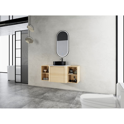Meuble-lavabo de 48 po avec pierre blanche et lavabo artistique en céramique, 2 unités de rangement, 45 poignées à bord incliné, dalle de lavabo en contreplaqué