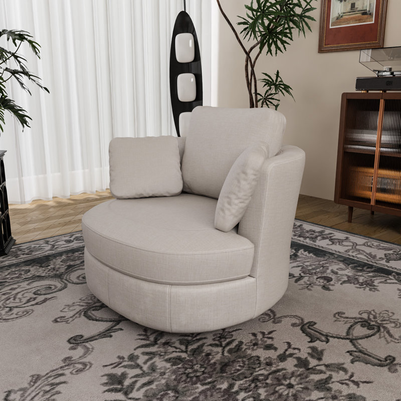 Chemaia Upholstered Swivel Barrel Chair, Beige Chenille