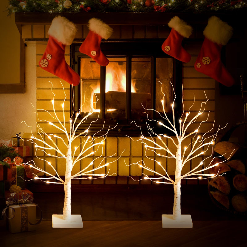 2-Pack White Birch Tree with LED Lights – 24 LED Warm White Easter Tabletop Tree
