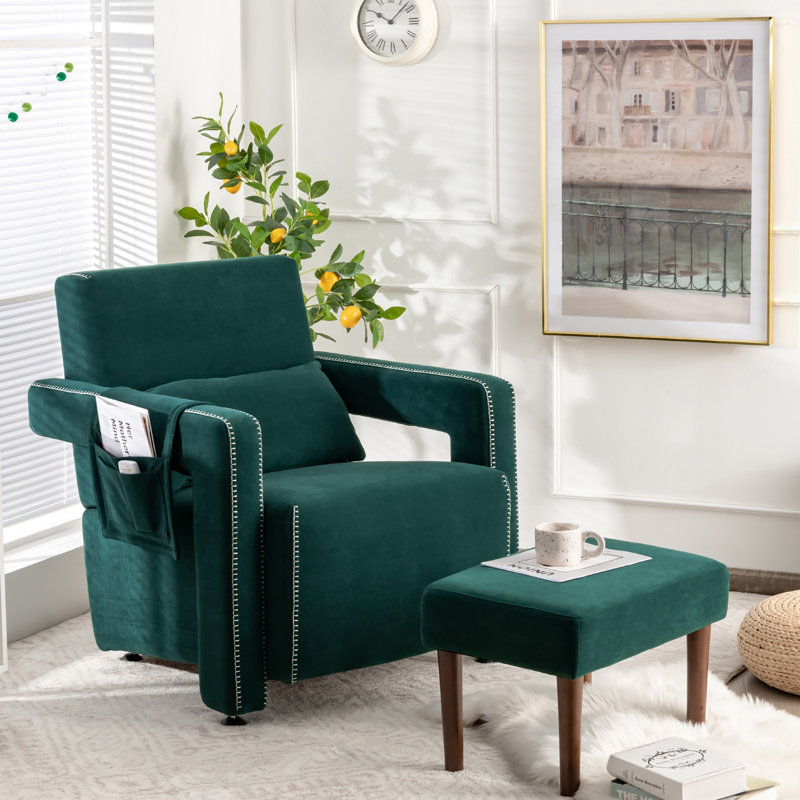 Aidenjohn Upholstered Armchair with Ottoman, Emerald Berber Fleece