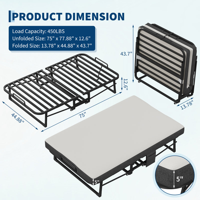 Folding Bed for Adults with 12cm Mattress, Heavy Duty Metal Frame Portable Guest Bed, 75 x 45 Inch Foldable Bed for Home Guest Use