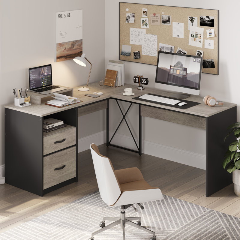 Cherell 55.7'' W L-Shaped Computer Desk with Monitor Stand, Executive Desk with File Storage Drawers, Gray