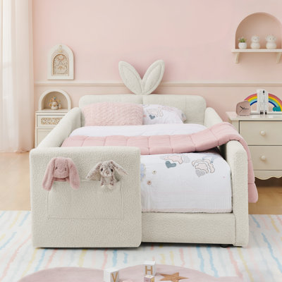 Structure de lit rembourré pour enfants avec rails de sécurité et rangement, lit plateforme avec tête de lit et garde-corps Boucle, beige, simple