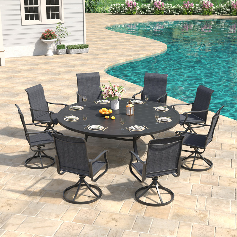 Ensemble de salle à manger 8 personnes avec table ronde 63 "et 8 chaises pivotantes en PVC-coated polyester Orlando