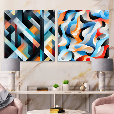 Monochrome Reflections I - Abstract Geometric Acrylic Wall Art Glass Set Of 2