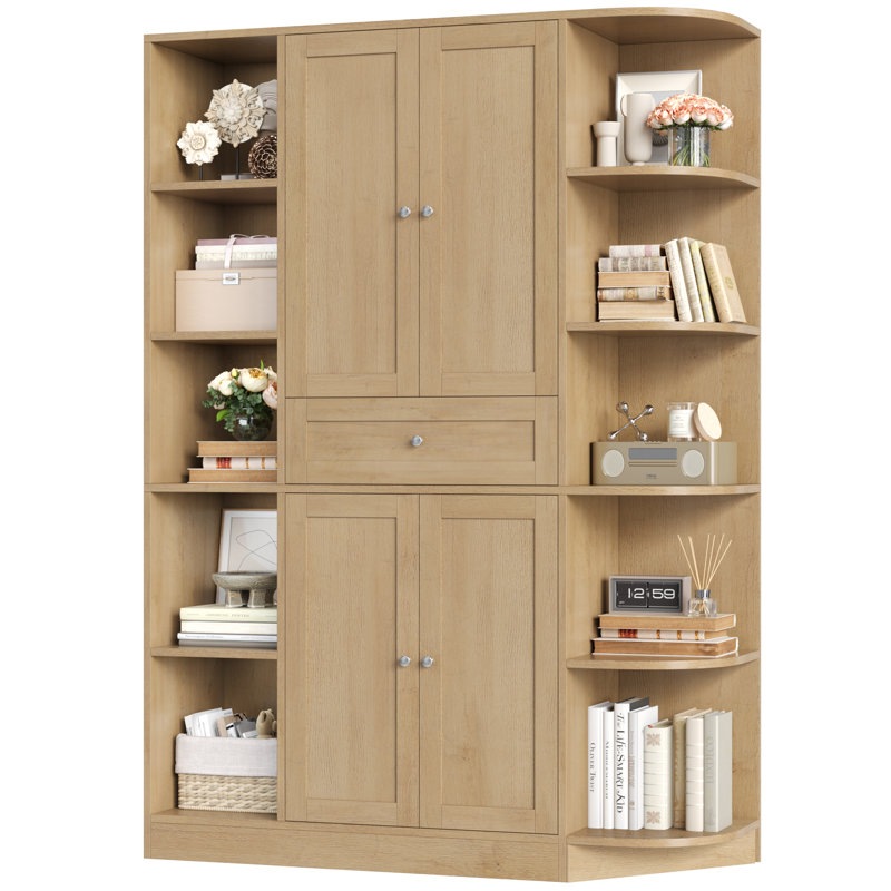 70.9'' H Bookcase, Storage Cabinet With 10 Open Shelves & Center Drawer, Oak