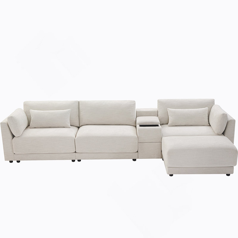 Canapé modulaire en forme de L de 124 po avec console de rangement multifonctionnelle, chargeur câblé et sans fil, repose-pieds mobile, coussin plus large et plus épais, combinaison libre pour le salon et l’appartement, chenille