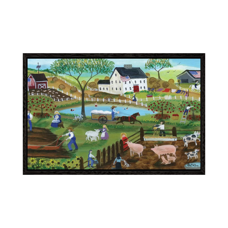 Old Tyme Americana Country Farmyard by Cheryl Bartley - Painting on Canvas, 45.72cm H x 66.04cm W x 3.81cm D, Black Framed