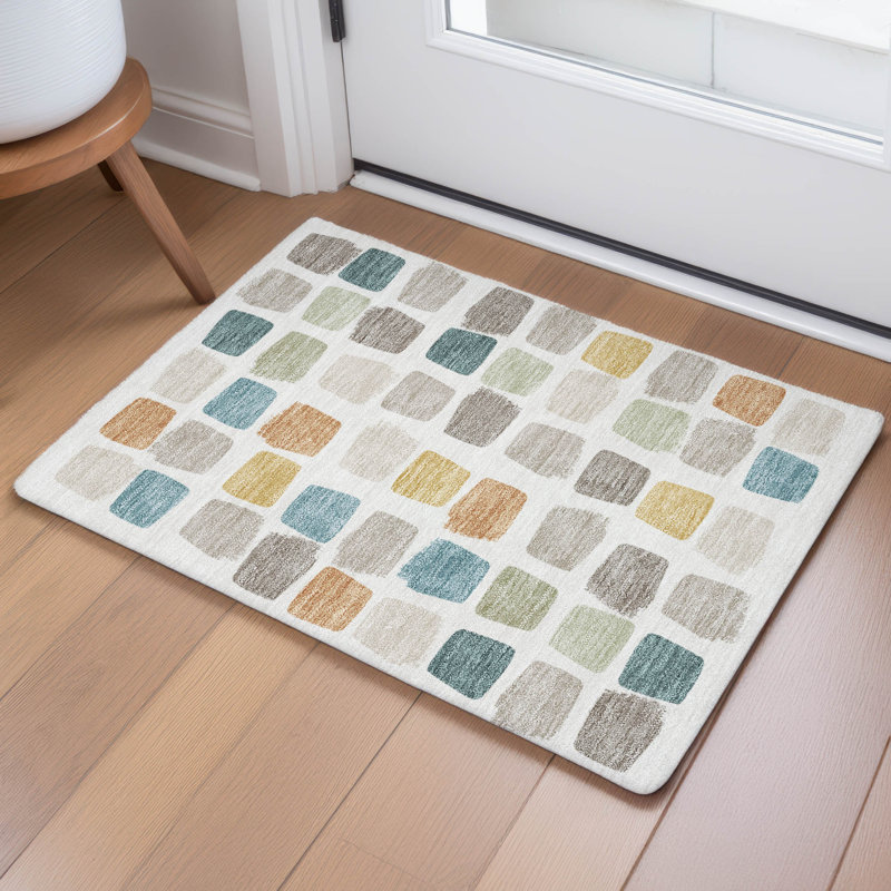 Machine Washable Indoor/Outdoor Chantille ACN2501 Squares Rug, 1'8" x 2'6", Ivory