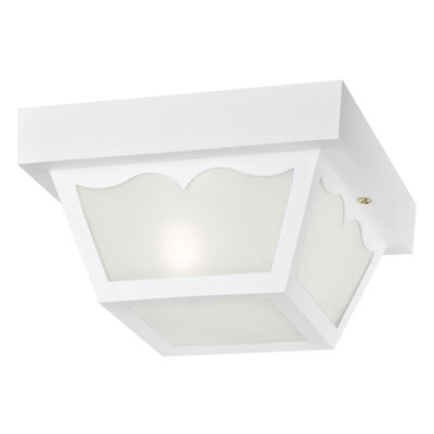 One-Light Flush-Mount Outdoor Fixture, White Finish on Polypropylene, Frosted Glass Panels