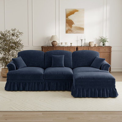 Mid Century Three Seater Modular L Shaped Sectional Couch With Removable Ruffles Pleats Skirts, Comfy Chenille 3-seat Deep Seat Sofa With Movable Ottoman