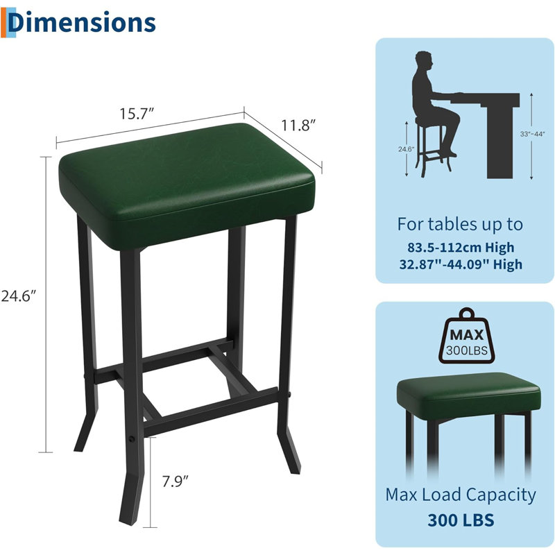 Tabourets de bar modernes à hauteur de comptoir, siège rembourré en similicuir, pieds en métal asymétriques, compacts pour les petits espaces, montage facile, verts, ensemble de 2