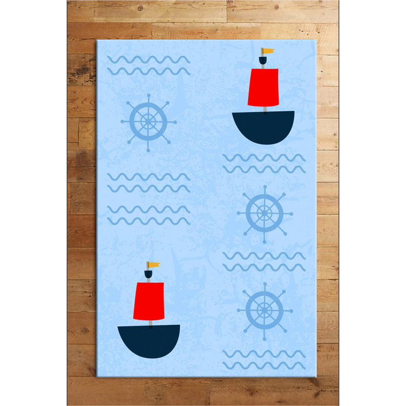 Tapis rectangulaire tissé à la machine en polyester bleu clair Kohn, Rectangle 2 pi 7 po x 4 pi 11 po