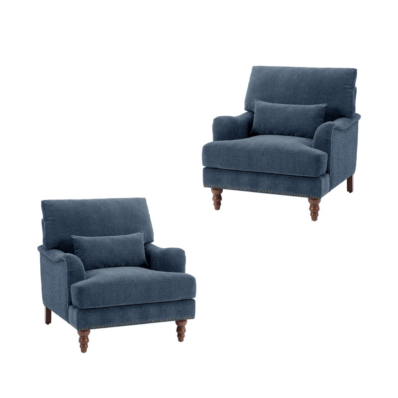 Upholstered Navy Nailhead Trim Accent Chair with Throw Pillow and Solid Wood Legs (Set of 2), Navy Chenille