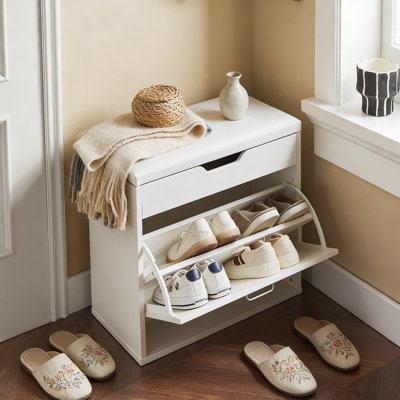 Shoe Bench With Storage, Narrow Shoe Cabinet With Folding Padded Seat, Space-Saving Shoe Rack For Hallway And Entryway