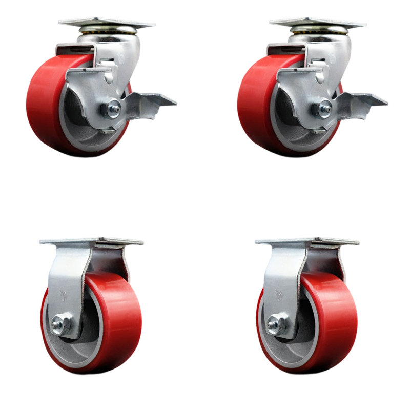 Tool Box Caster Wheel Set – 4 Inch Red Poly on Cast Iron Swivel Casters – SCC
