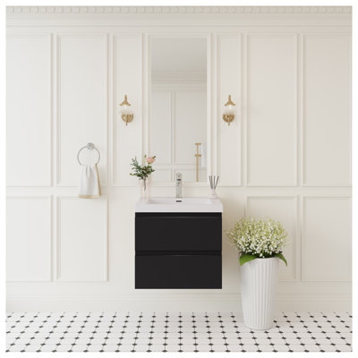 Meuble-lavabo mural de 61 cm (24 po) avec lavabo en surface solide, armoire en bois noir lustré, tiroirs à fermeture amortie, entièrement assemblé