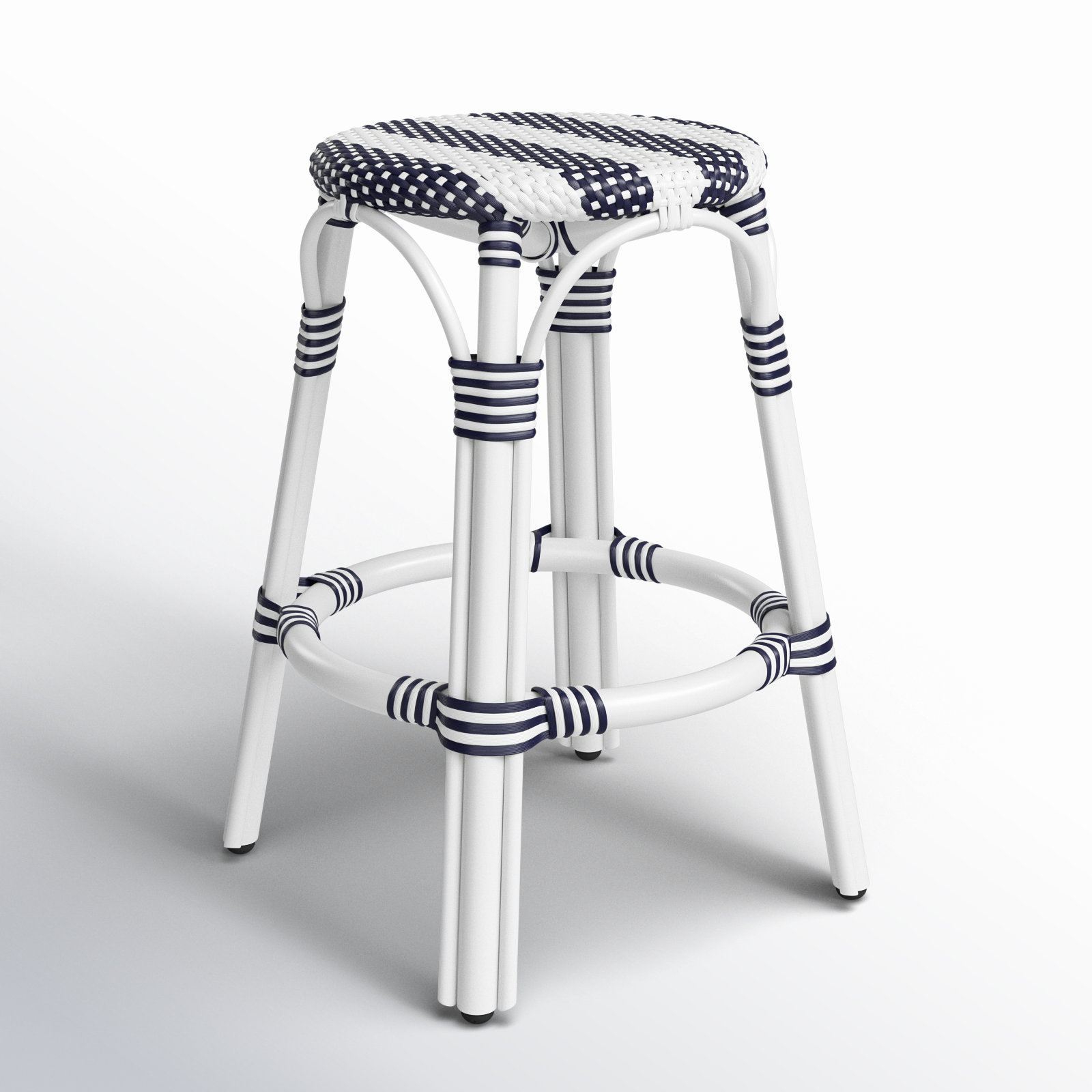 Alastair Bar & Counter Stool, White/Navy Stripe/White Rattan Frame, Counter Stool (24" Seat Height)