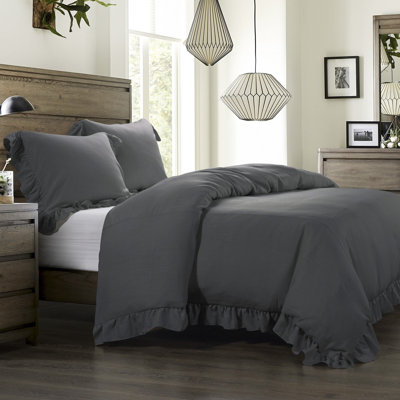 Dighton Washed Linen Ruffled Edge Romantic Farmhouse 3 Piece Duvet Cover Set