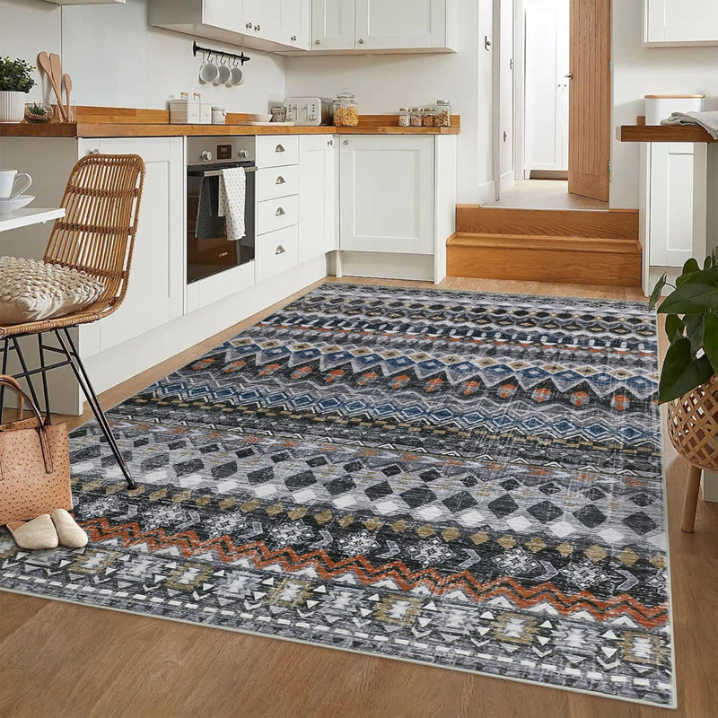2x6 Runner Rug Vintage Distressed Geometric Hallway Carpet Machine Washable Non-Slip Indoor Long Rug Non-Shedding Accent Carpet Beige