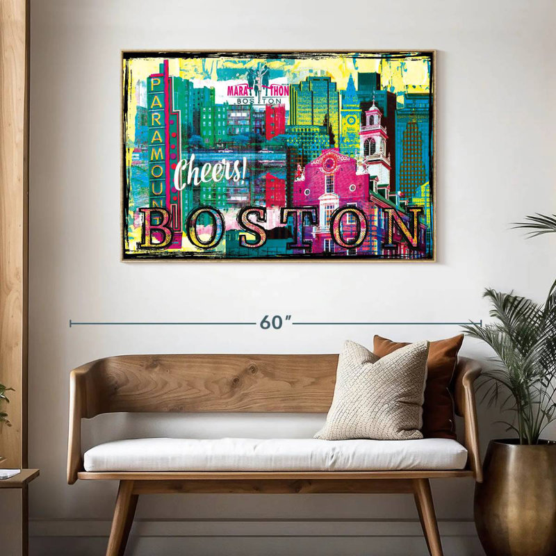 Repères grunge de Boston City, Cadre flottant en bois naturel, 46 po x 31 po