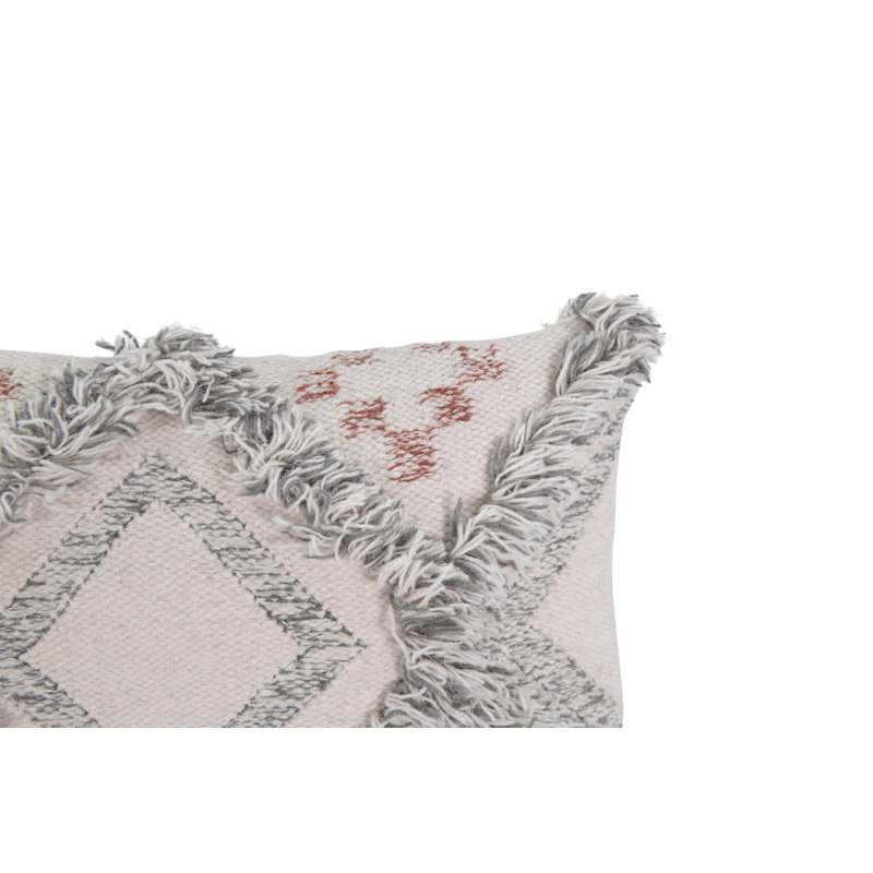 Cream and Gray Wool Kilim Pillow with Fringe Accents