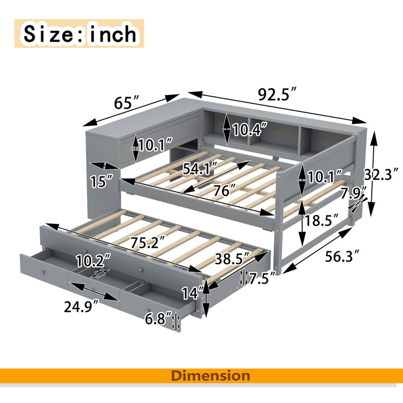 Daybed With Trundle, Wood Day Bed Frame With Storage Drawers And Side Shelves, Daybed With Desk, No Spring Box Needed, Gray
